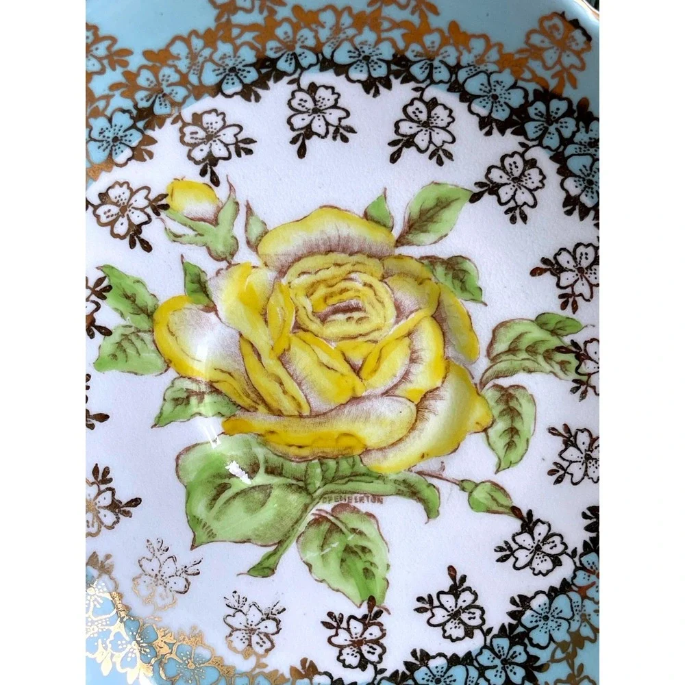 Vintage Stanley Bone China Teacup Saucer Yellow Rose Blue Gold England - Picture 8 of 10